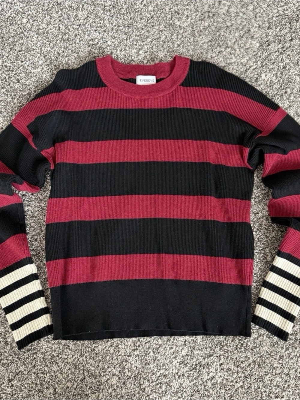 Evereve Striped Sweater XS Black Red Cream Pullover Womens Long Sleeve